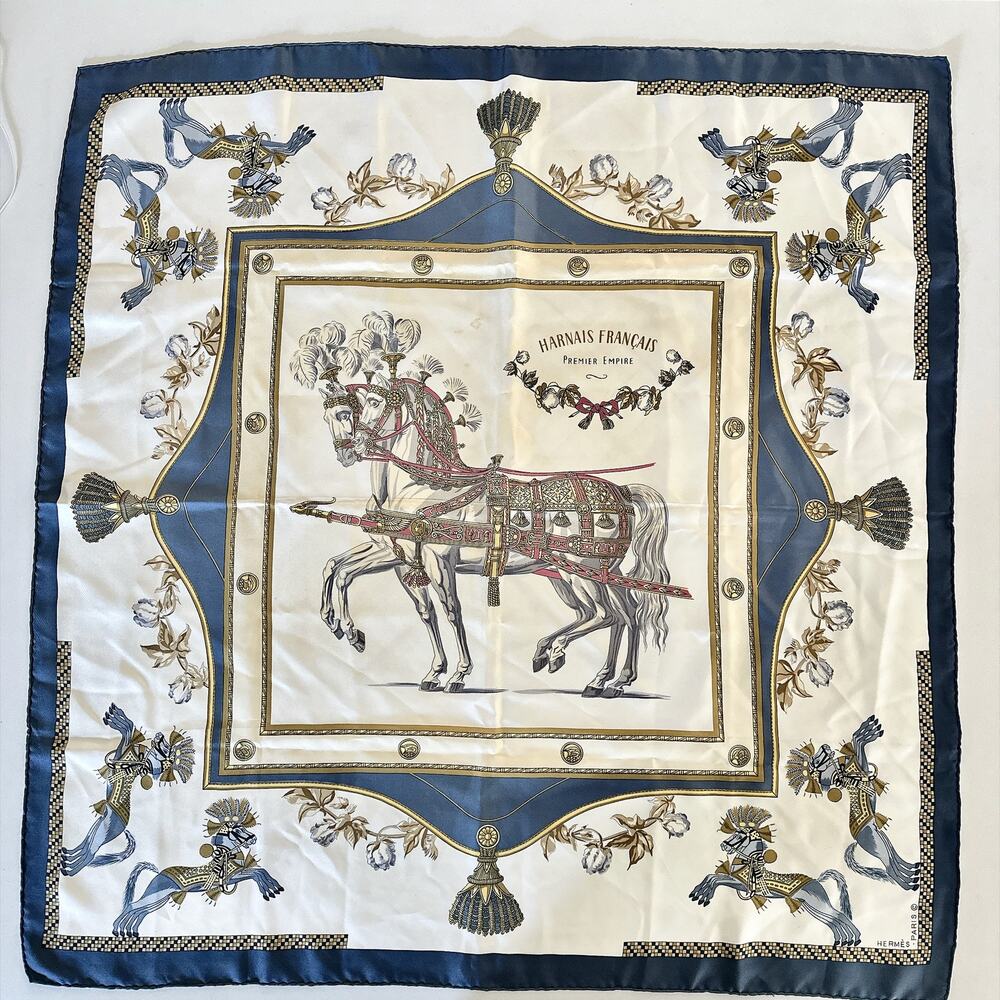 VINTAGE HERMES SCARF HARNAIS FRANCAIS BLUE 100% SILK